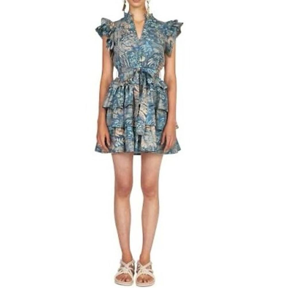 Ulla Johnson Lulua in Waimea Blue Floral Ruffle Tiered Belted Mini Dress 4